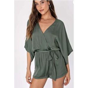 Lulus‎ Ain't it Grand Olive Green Satin  Romper Size Large